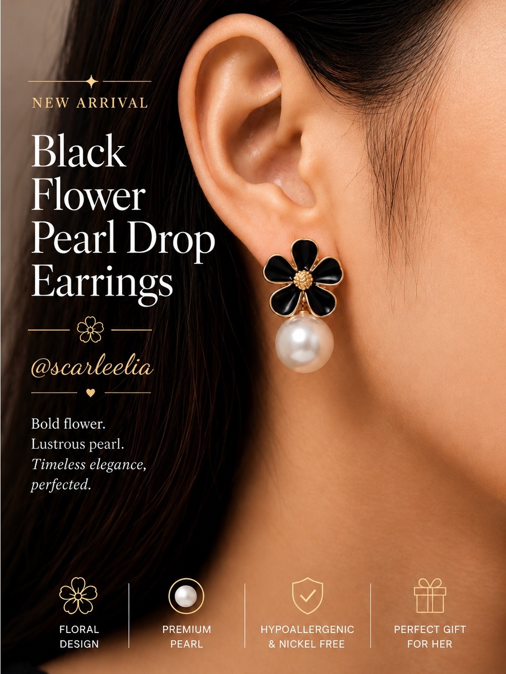 [JUST IN] Black Enamel Flower Pearl Earrings Chic Gold Statement Jewelry